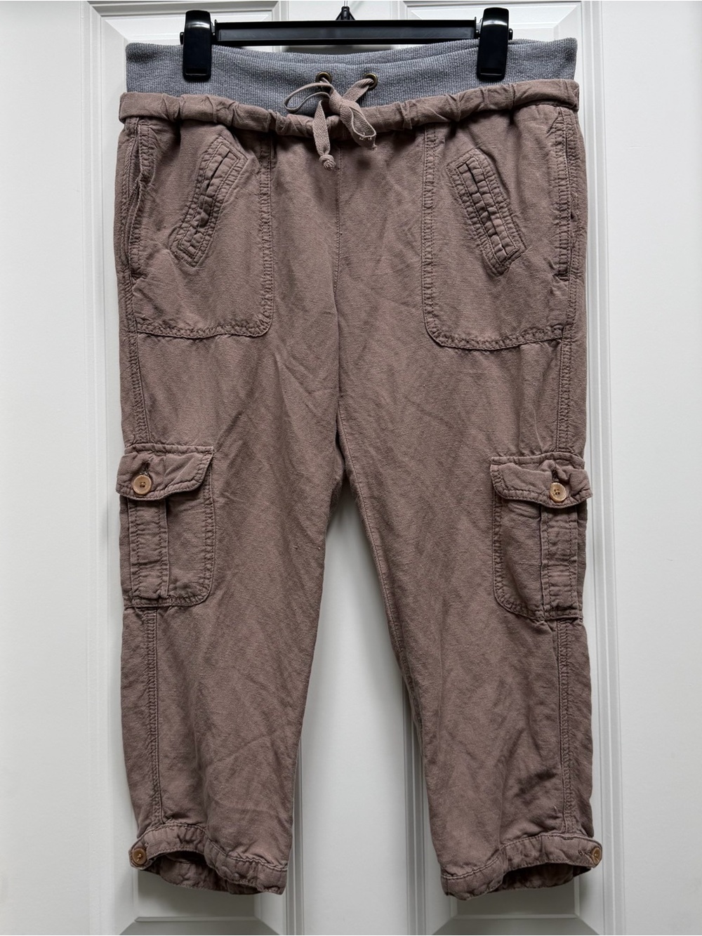 DISH LINEN BLEND CARGO CROPPED CAPRI PANTS BROWN MEDIUM